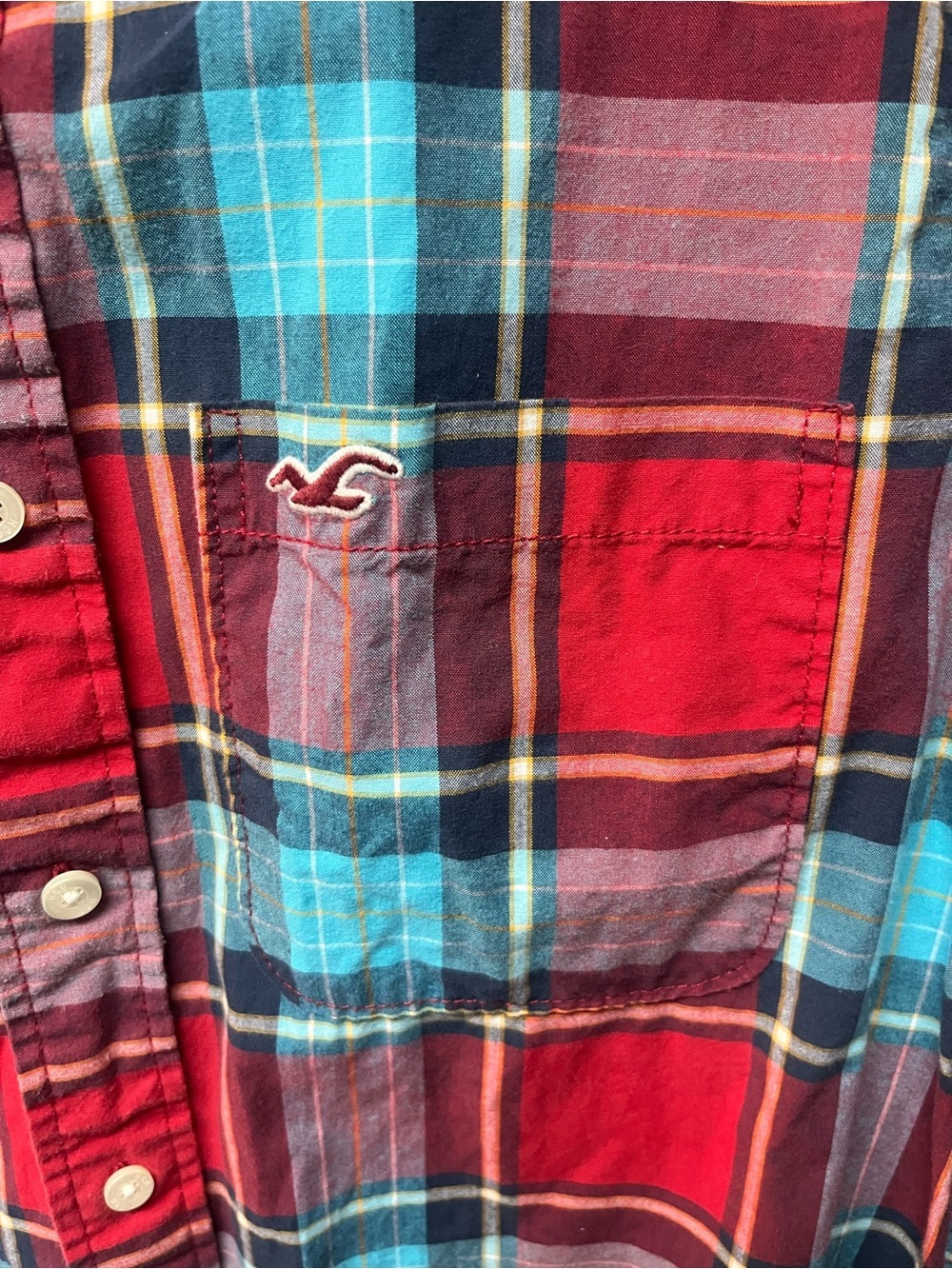 Hollister Men's Red and Teal Plaid Button-Down Shirt - Picture 2 of 6